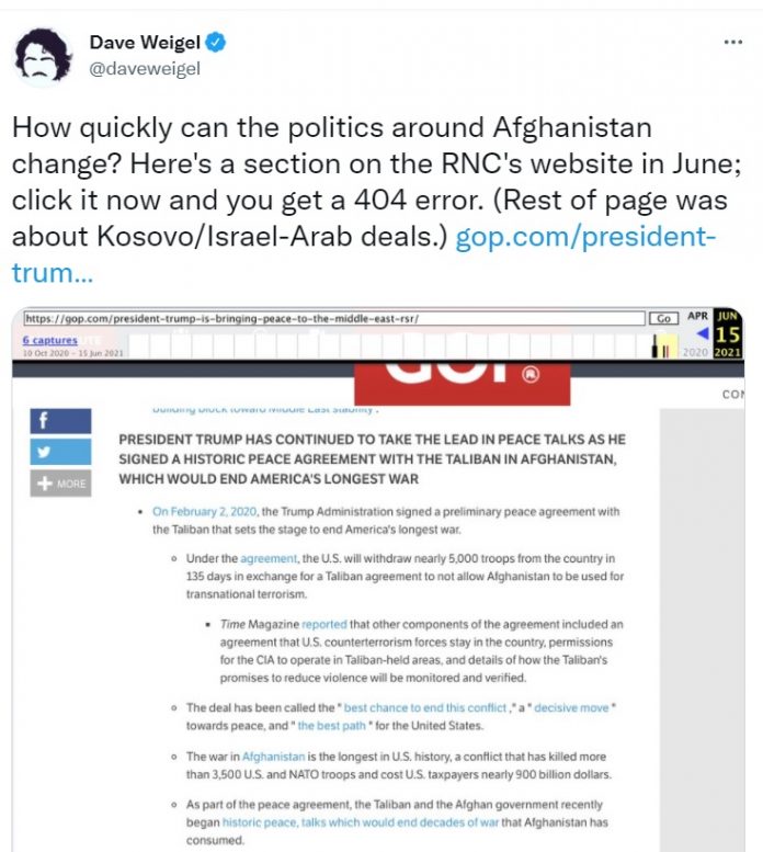 GOP rimuove pagina che elogia lo “storico” accordo Trump-talebani