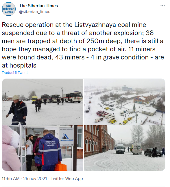 Più di 50 morti in un incidente in una miniera di carbone in Siberia