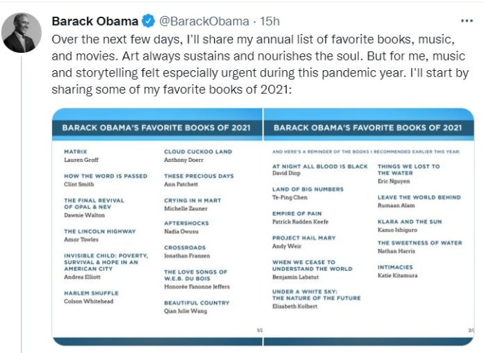 Barack Obama condivide i suoi libri preferiti del 2021