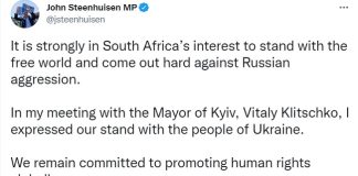 Sudafrica: leader dell’opposizione si reca in Ucraina