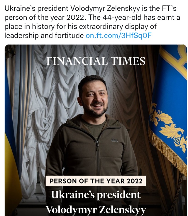 Zelensky persona dell’anno per il Financial Times