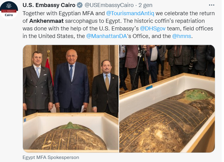 L’Egitto rimpatria dagli Stati Uniti l’antico sarcofago saccheggiato della Bara Verde