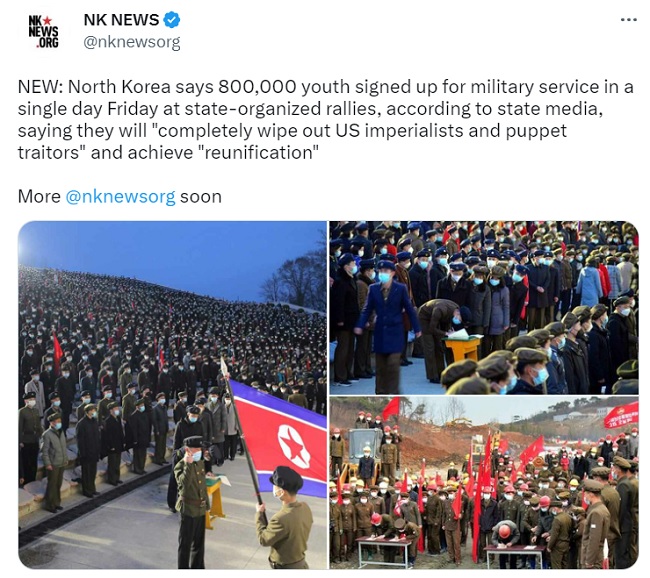Corea del Nord: 800mila giovani si offrono volontari per combattere gli USA