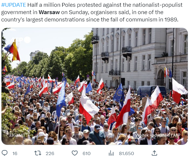 Mezzo milione di persone in marcia a Varsavia contro il partito al governo in Polonia